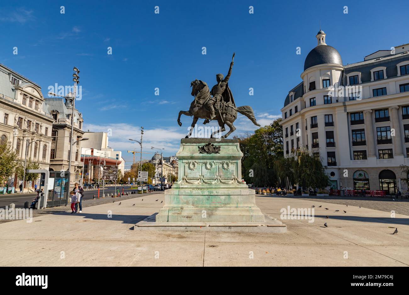A picture of the University Square in Bucharest, with the Statue of Mihai Viteazul on the center. Stock Photo