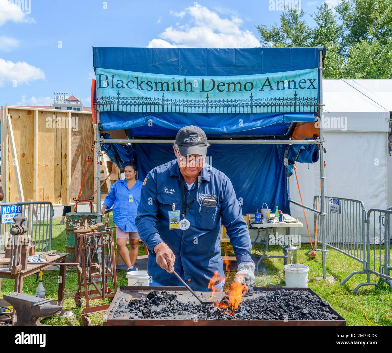 NEW ORLEANS, LA, USA - APRIL 29, 2022: Blacksmith demonstrating toolmaking craft at the New Orleans Jazz and Heritage Festival Stock Photo