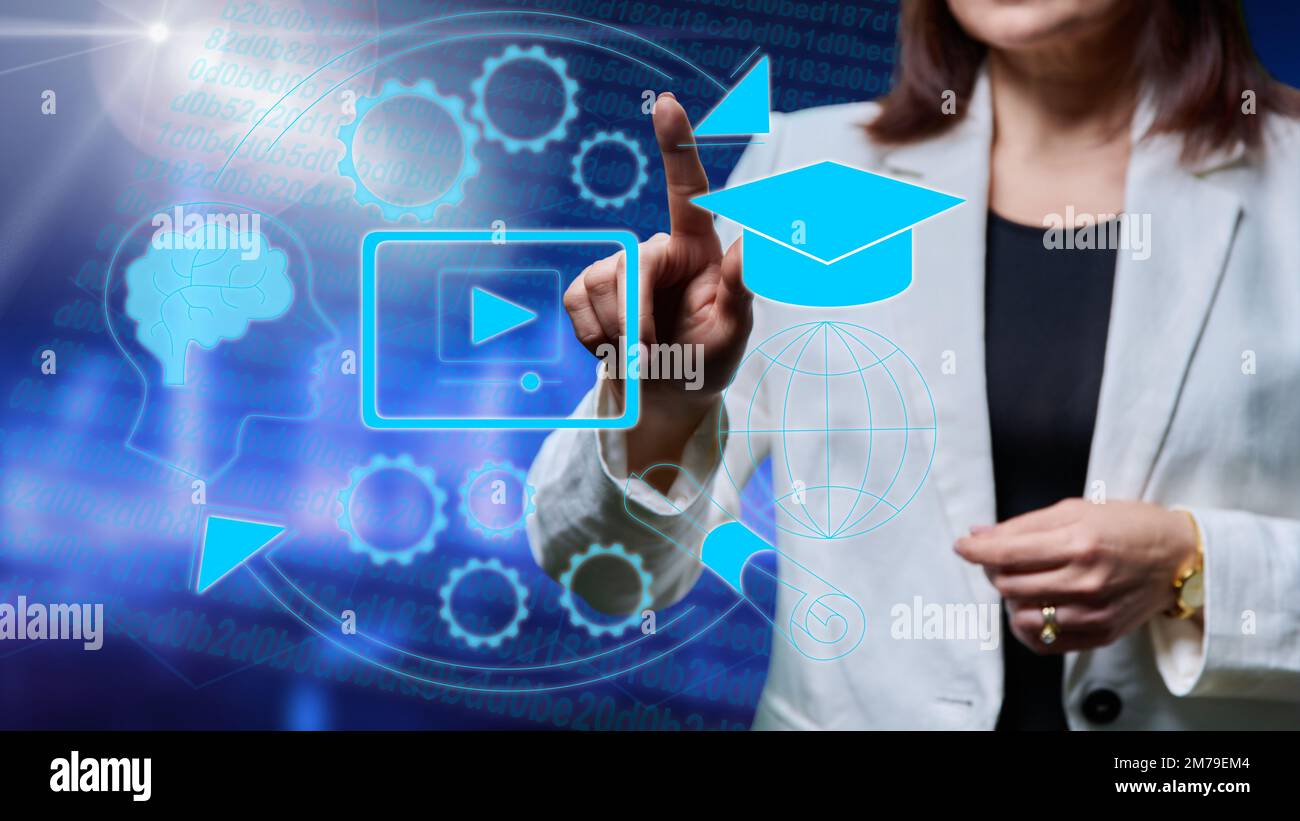 Learning Female E-learning, teaching, female educator working with virtual digital ...