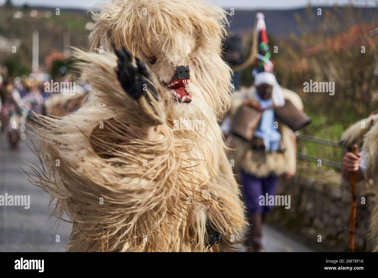 08 January 2023, Spain, Silió: The figure of the bear that roams the streets represents evil and refers to the pastoral world. The Vijanera, a traditional carnival in northern Spain, is an ethnographic celebration that takes place at the winter solstice. Villagers dressed in natural costumes dance loudly to welcome the New Year and drive away evil spirits. Photo: Felipe Passolas/dpa Stock Photo