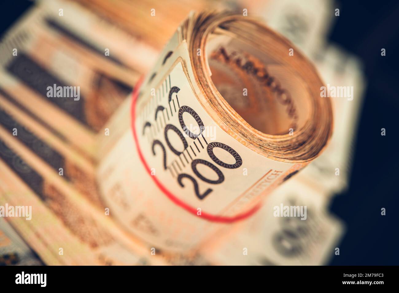 Closeup of Money Roll. The National Currency of Poland in Cash. Polish