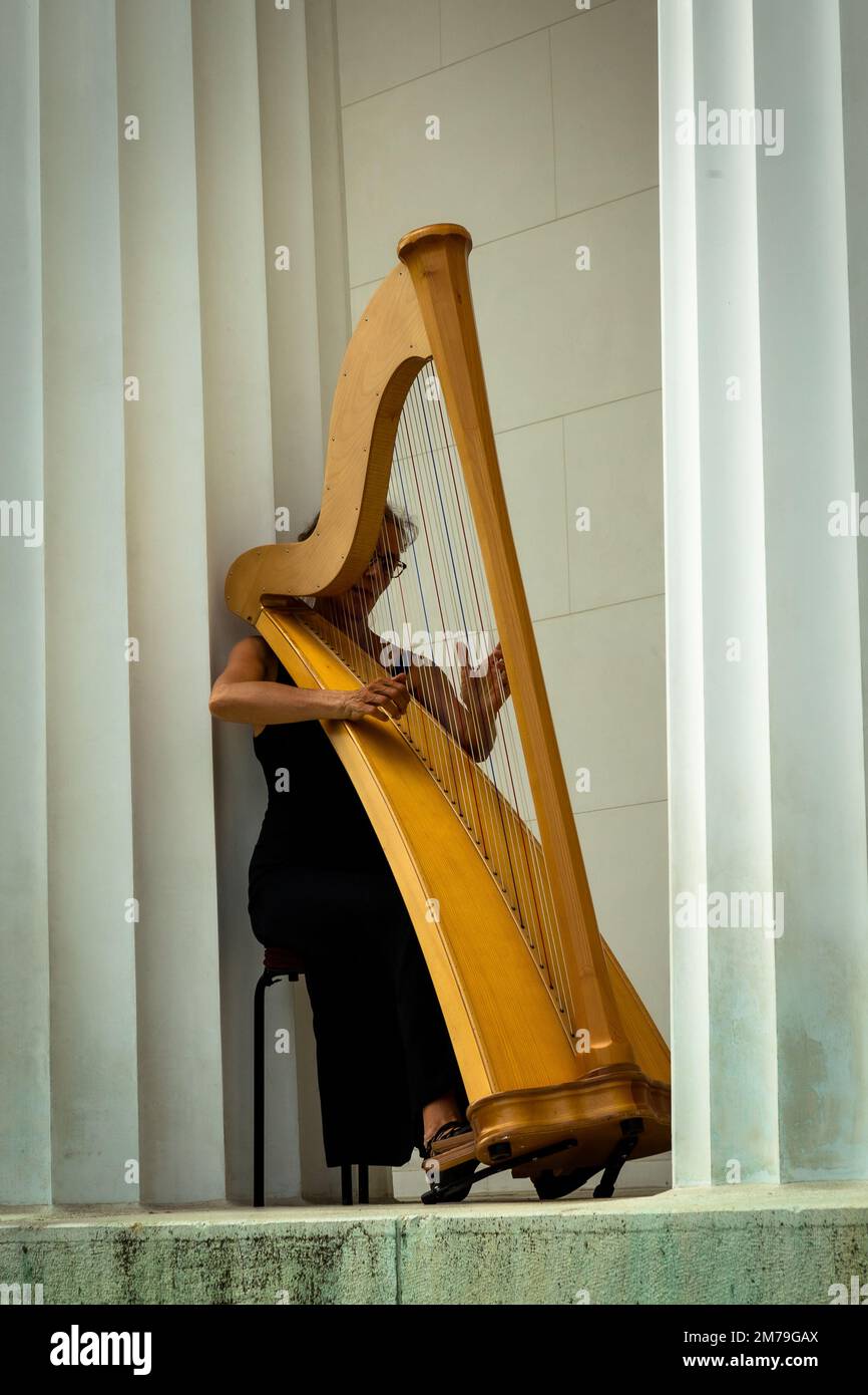 Lone female harpist, playing her harp between the columns of the