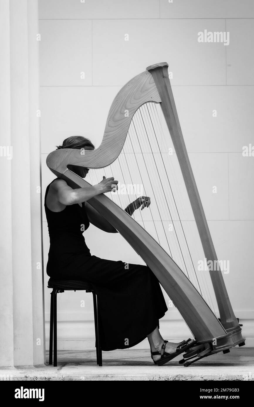 Lone female harpist, playing her harp between the columns of the