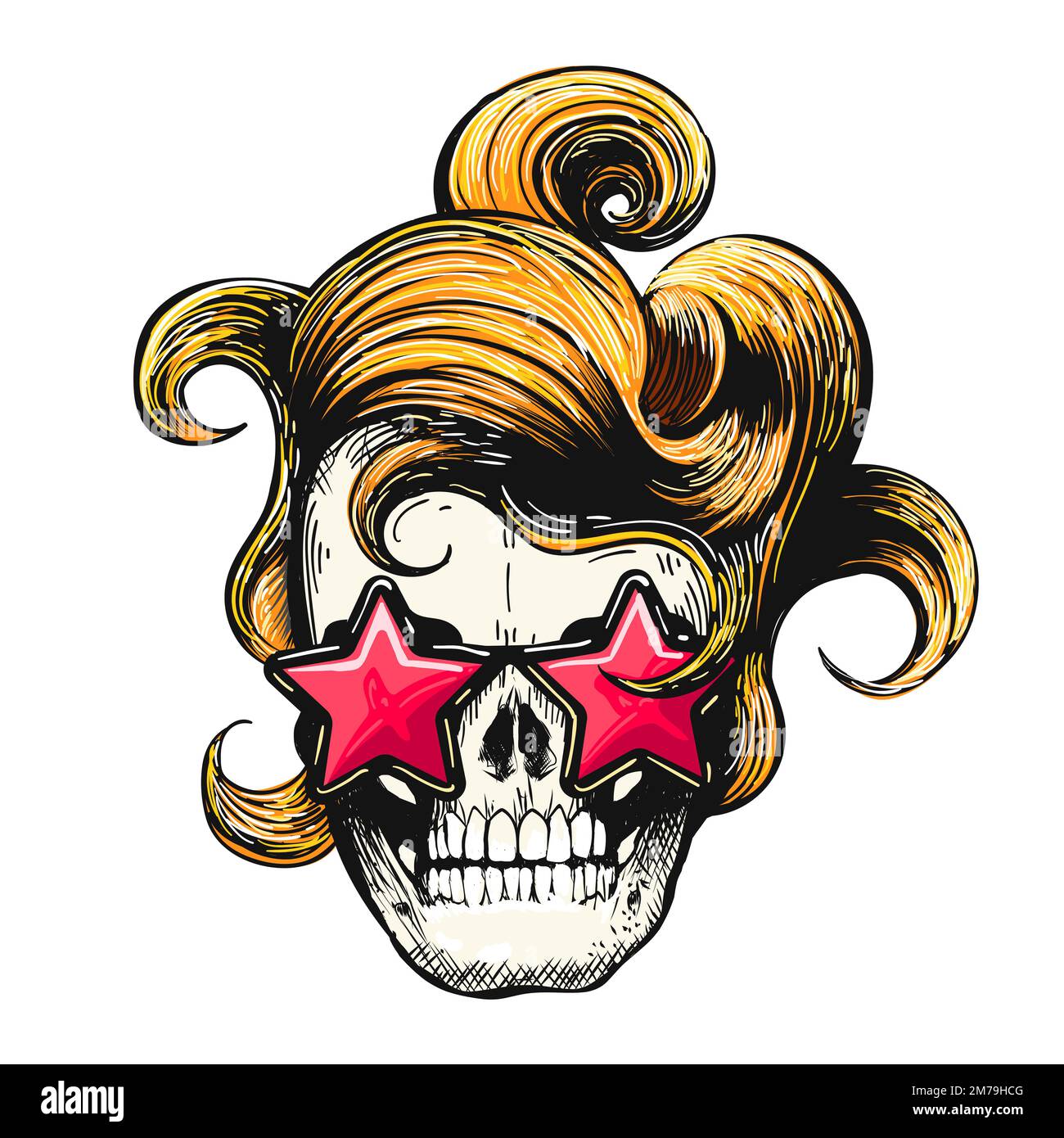 Tattoo of Female Human Skull in Star Glasses isolated on white. Vector illustration. Stock Vector