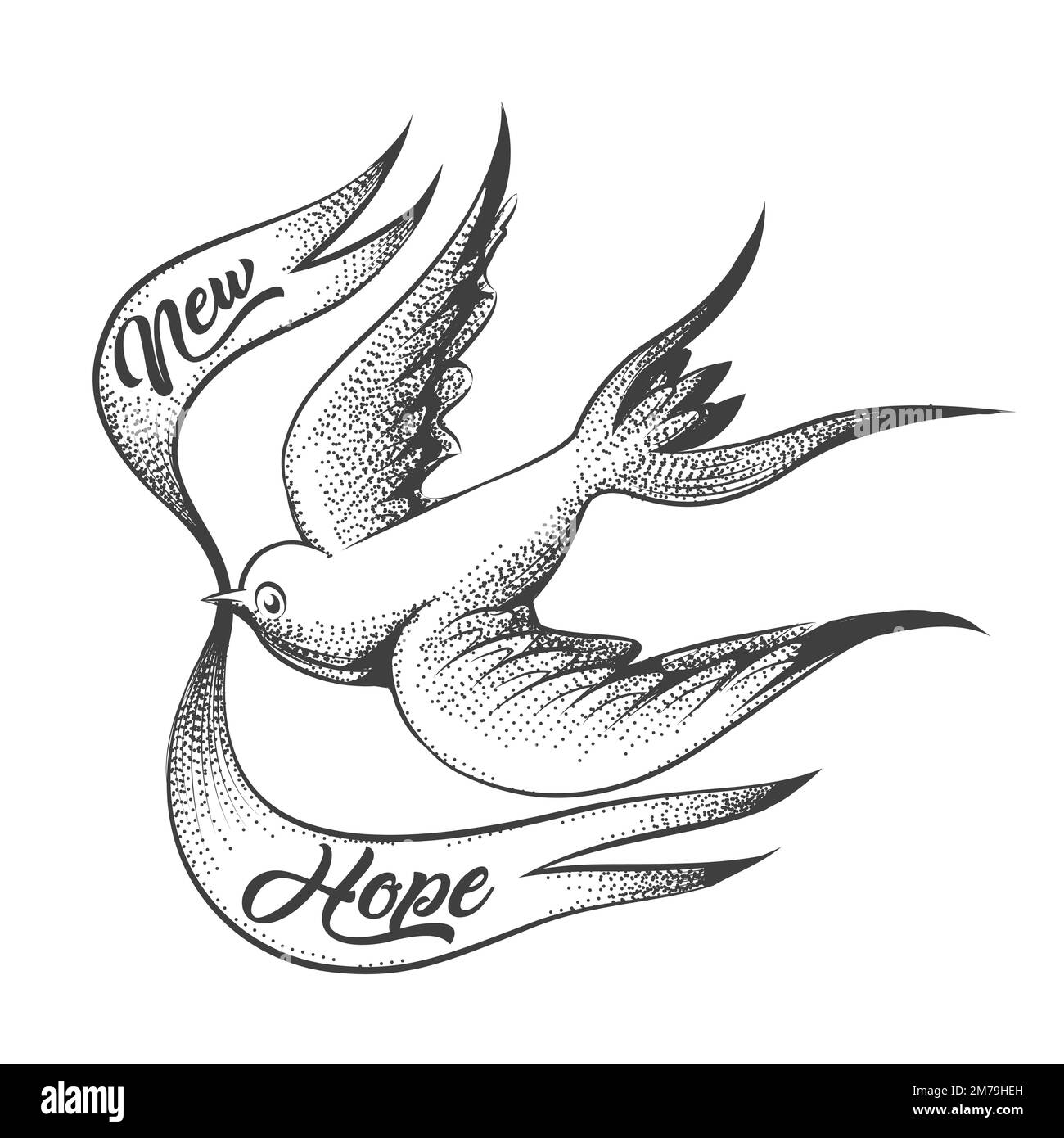 Tattoo of Flying Swallow and Ribbon with  Wording New Hope isolated on white background. Vector illustration. Stock Vector