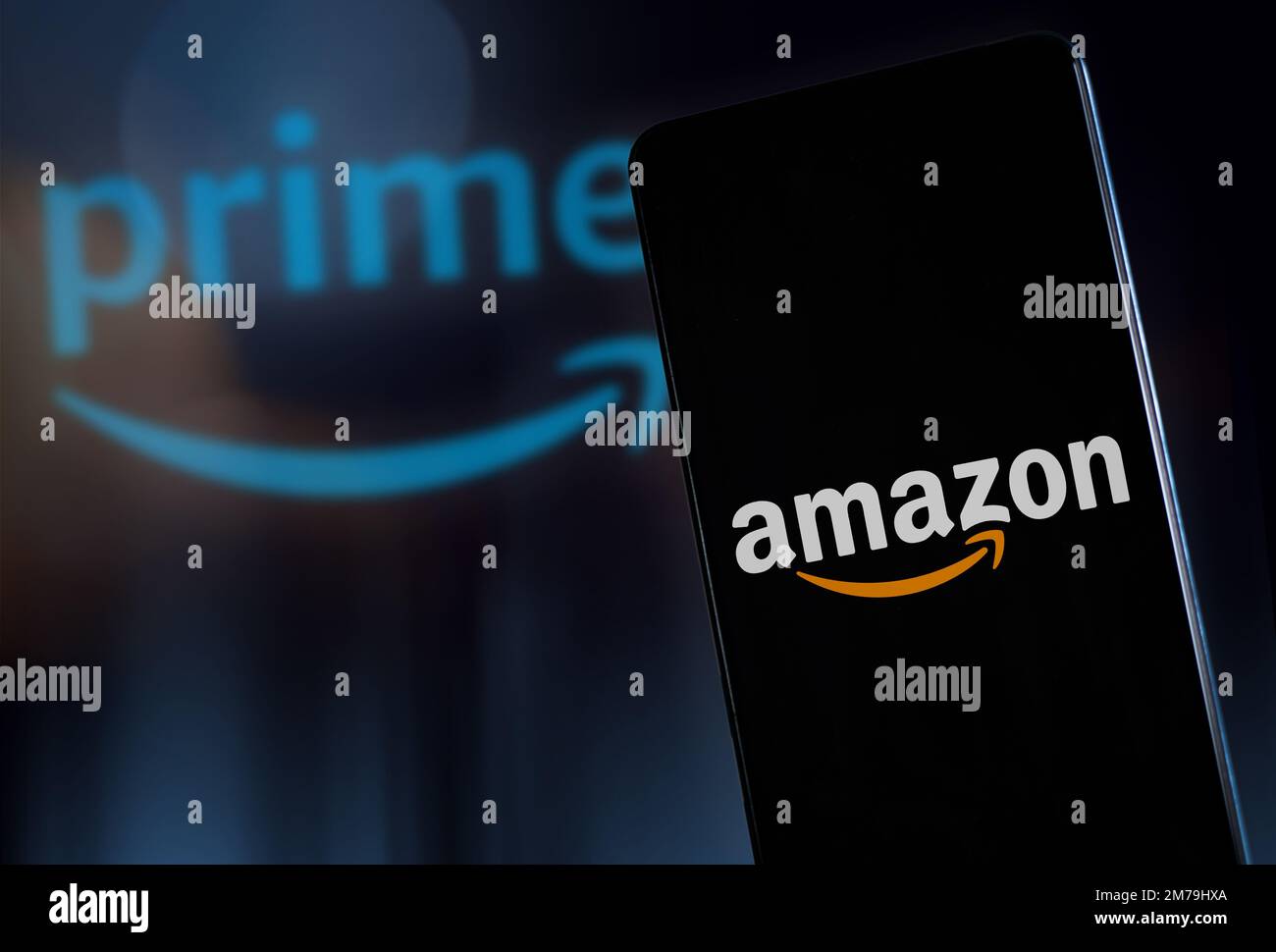 Amazon Prime logo on smartphone display and background.