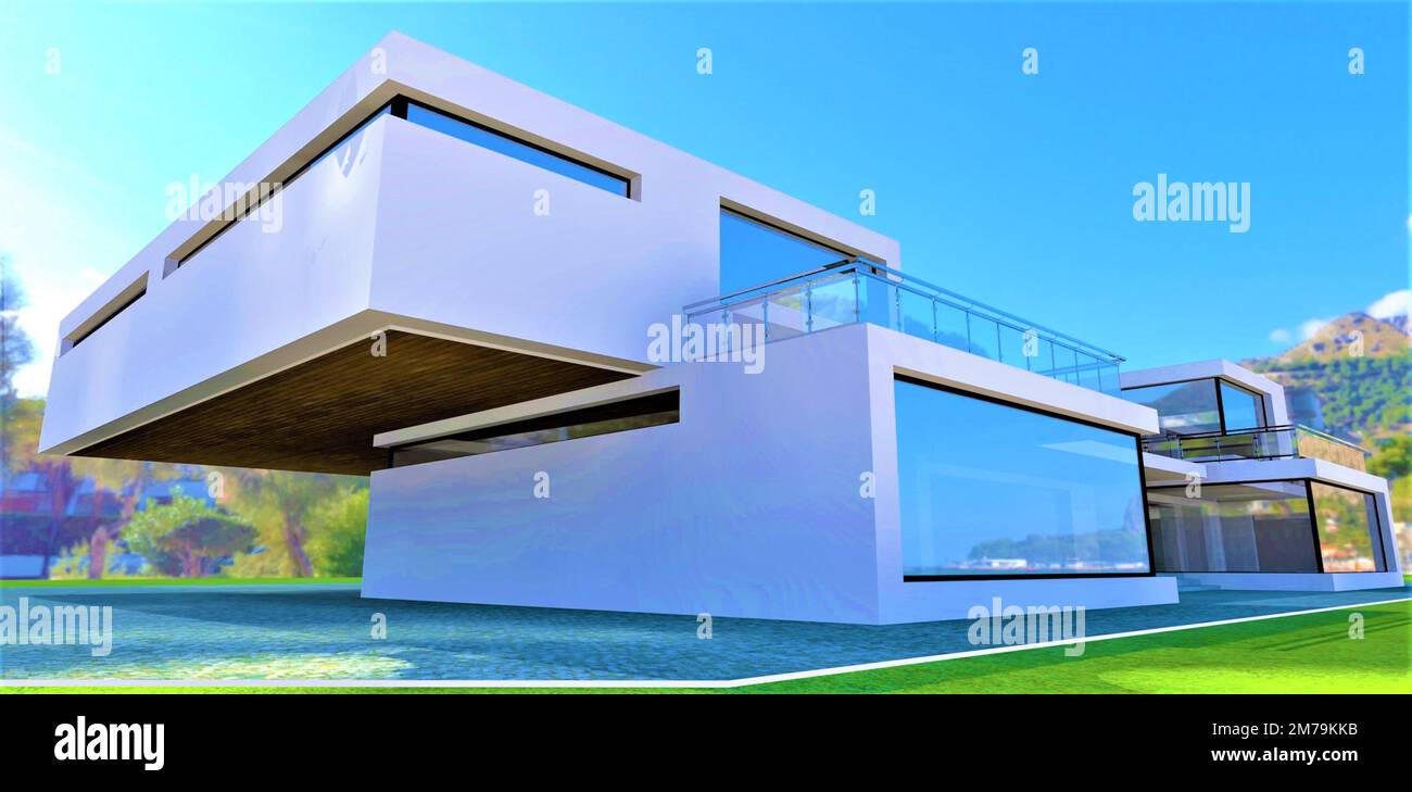 White walls contemporary villa with big windows and fenced terrace on a ...