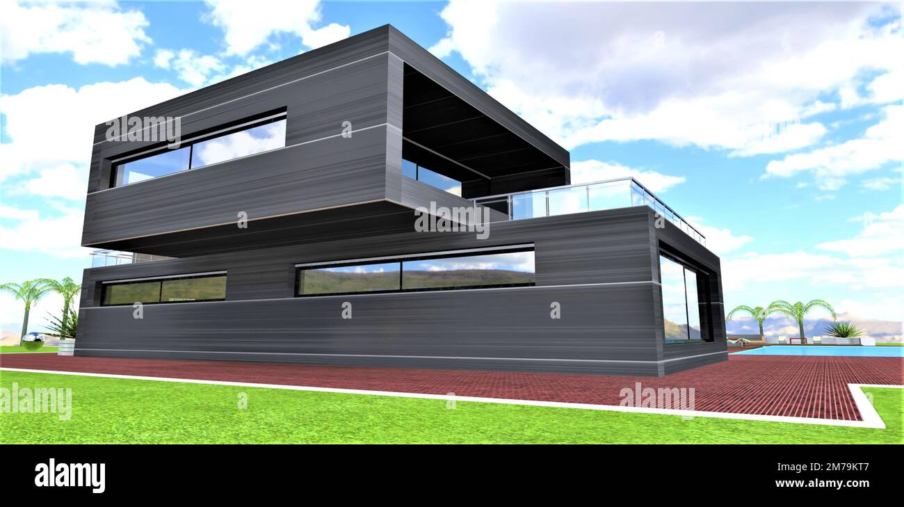 Contemporary design of the technological smart cottage with metal facade. Good banner for attracting of the potential clients who want to invest into Stock Photo