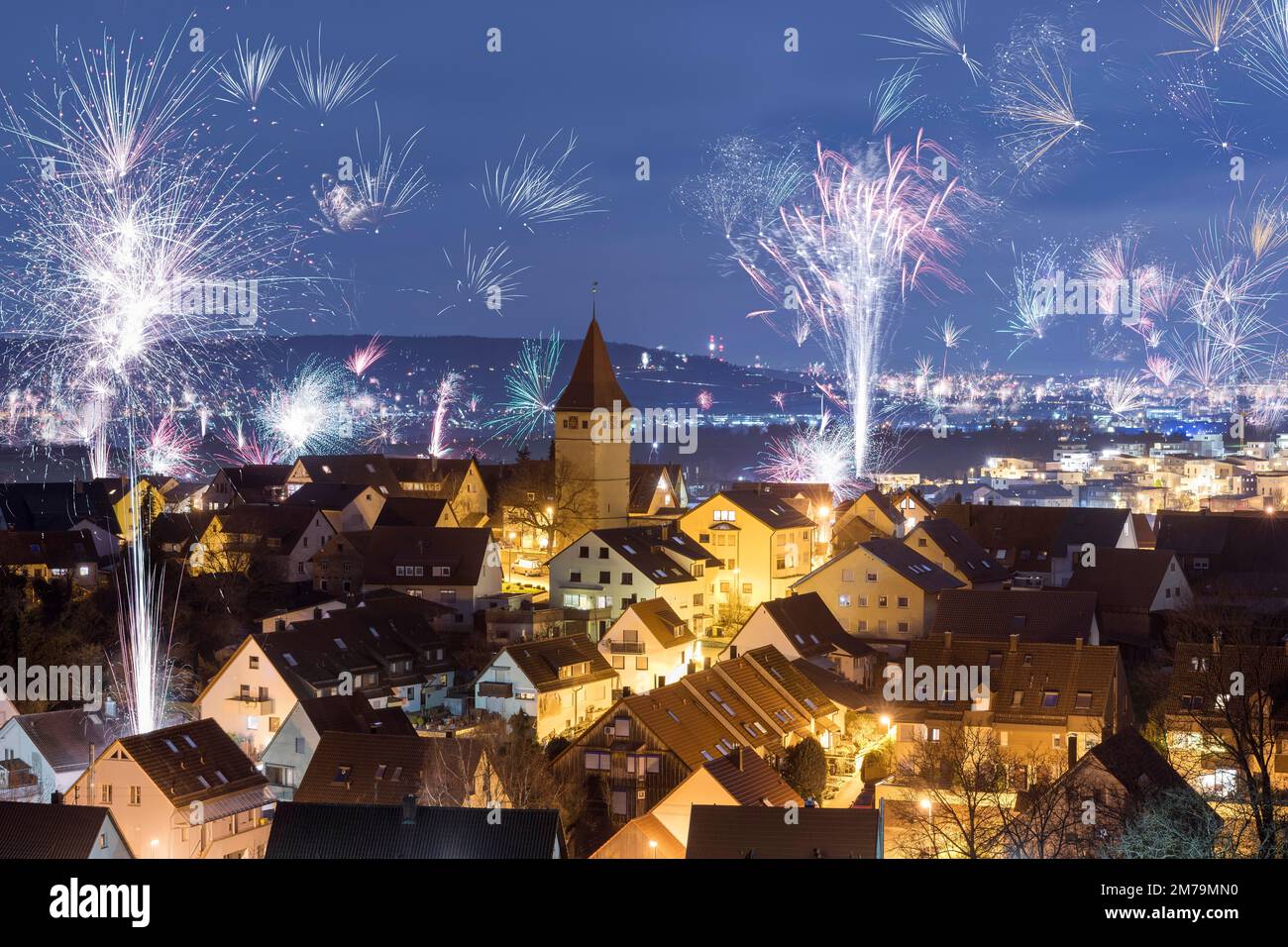 New Year's Eve fireworks, New Year, Korb im Remstal, Rems-Murr Kreis, Baden-Wuerttemberg, Germany Stock Photo