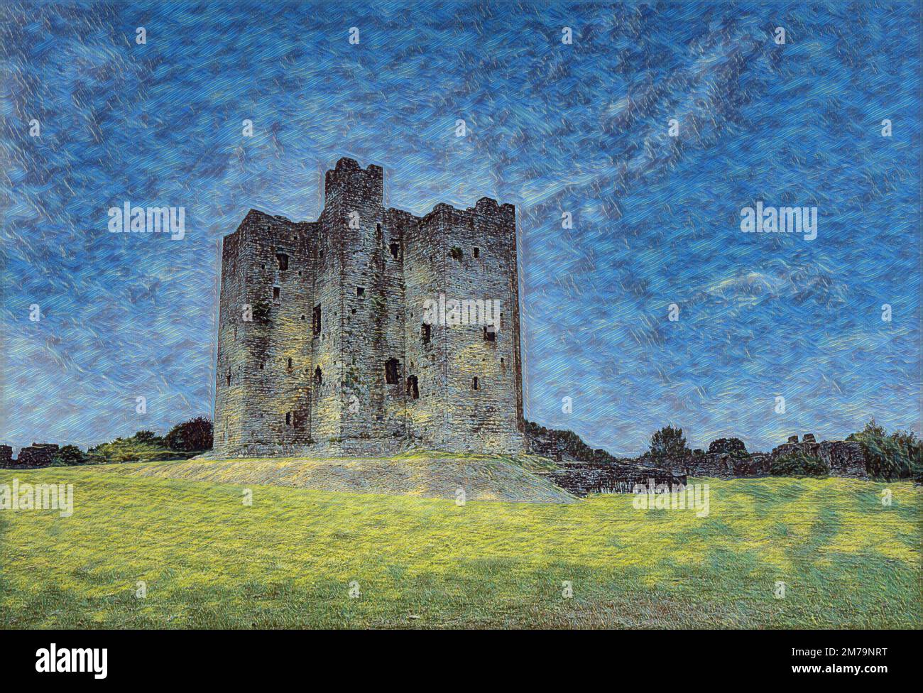 Digital watercolor painting from a photo of ancient mediaeval castle in Ireland surrounded by grassy green fields Stock Photo