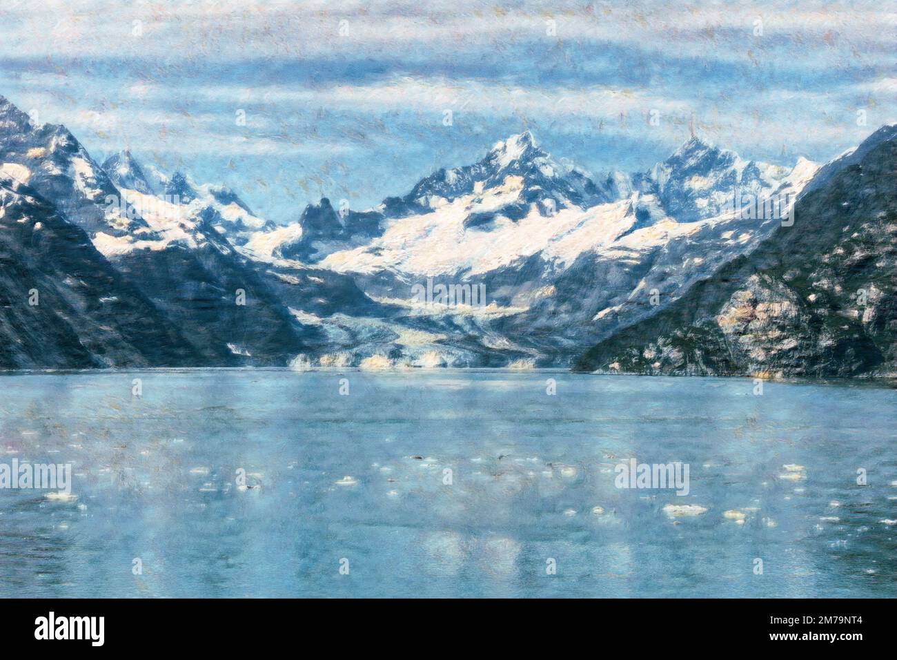 Digital painting effect on a photo of Alaskan glacier flowing into bay with floating ice and water in forefront. Stock Photo