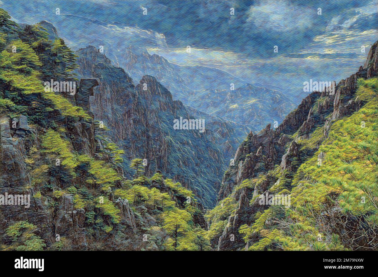 Digital watercolor painting photo of Yellow or Huangshan Mountain in China Stock Photo