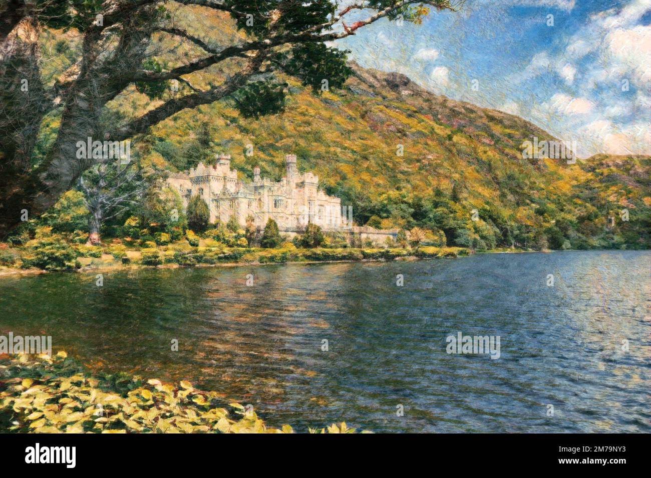 Digital watercolor painting photo of Kylemore Abbey in Connemara mountains, Ireland Europe Stock Photo