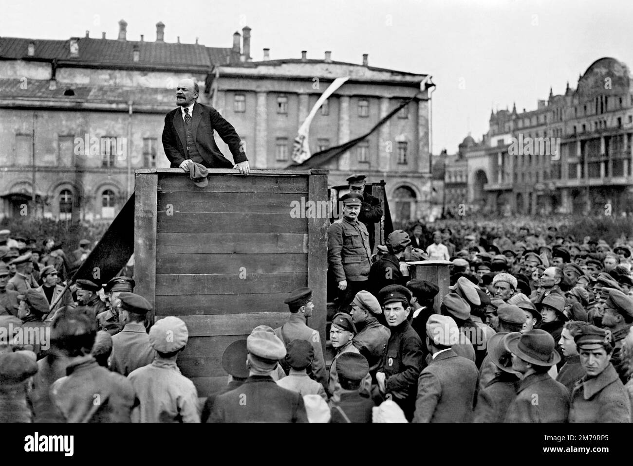 Vladimir Lenin, Leon Trotsky, Lev Kamenev motivate the troops to fight in the Soviet-Polish war. 1 May 1920, by Grigory Petrovich Goldstein Stock Photo