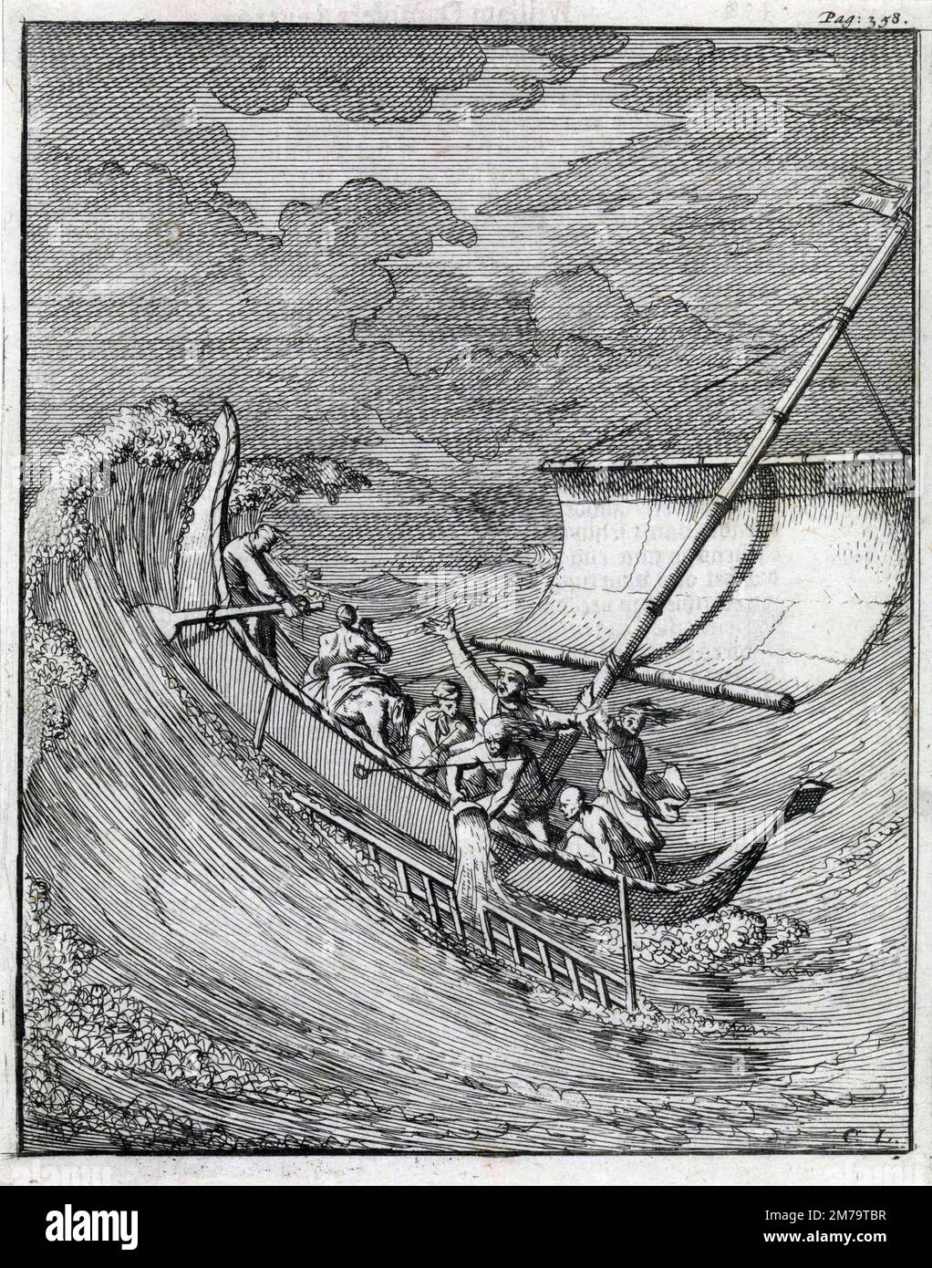 Engraving of Dampier's encounter with the storm off Aceh, in modern-day Indonesia, by Caspar Luyken. William Dampier, English explorer, pirate, privateer, navigator, and naturalist Stock Photo