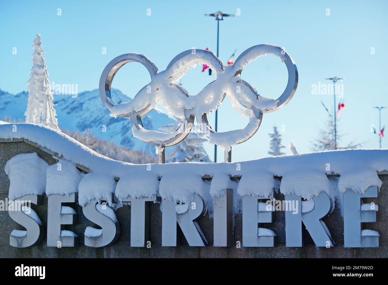Sign of the alpine village of Sestriere, which was the site of the Winter Olympics in 2006. Sestriere, Italy - December 2022 Stock Photo