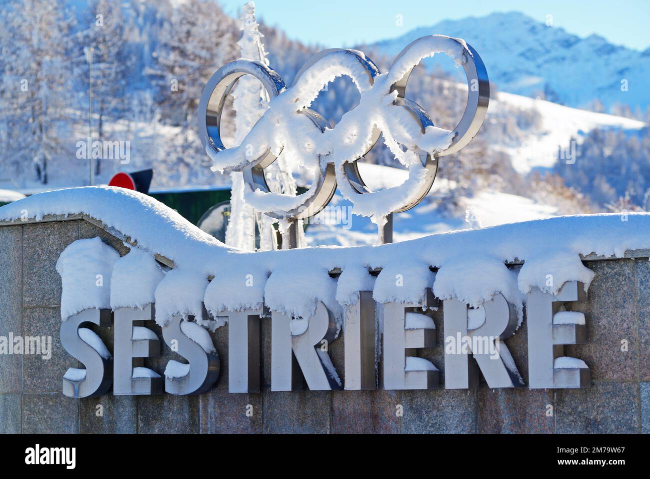 Sign of the alpine village of Sestriere, which was the site of the Winter Olympics in 2006. Sestriere, Italy - December 2022 Stock Photo