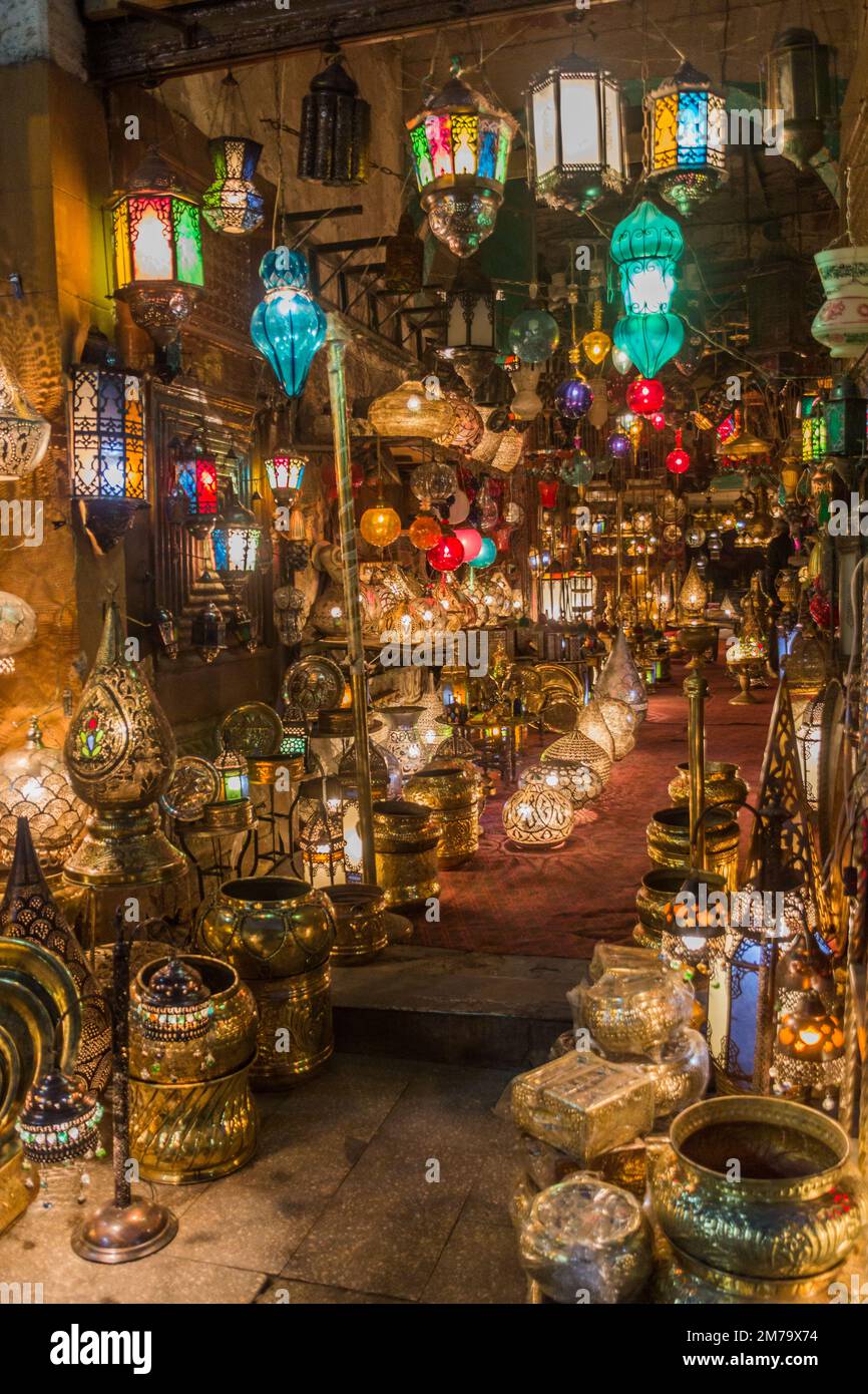 CAIRO, EGYPT - JANUARY 26, 2019: Lantern store at Al Moez street in the historic center of Cairo, Egypt Stock Photo