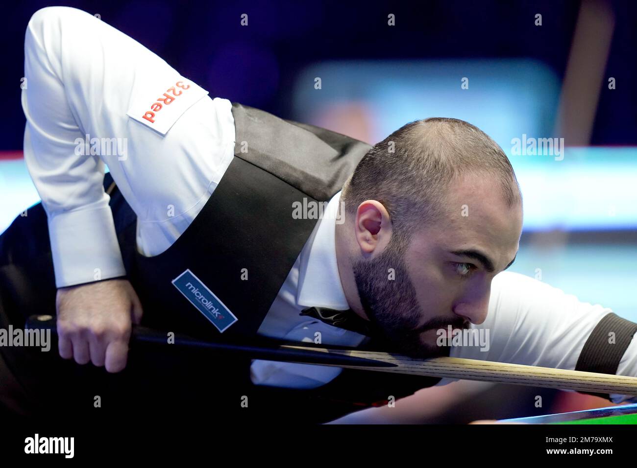 Hossein Vafaei during his match against Mark Selby during day one of the Cazoo Masters at Alexandra Palace, London