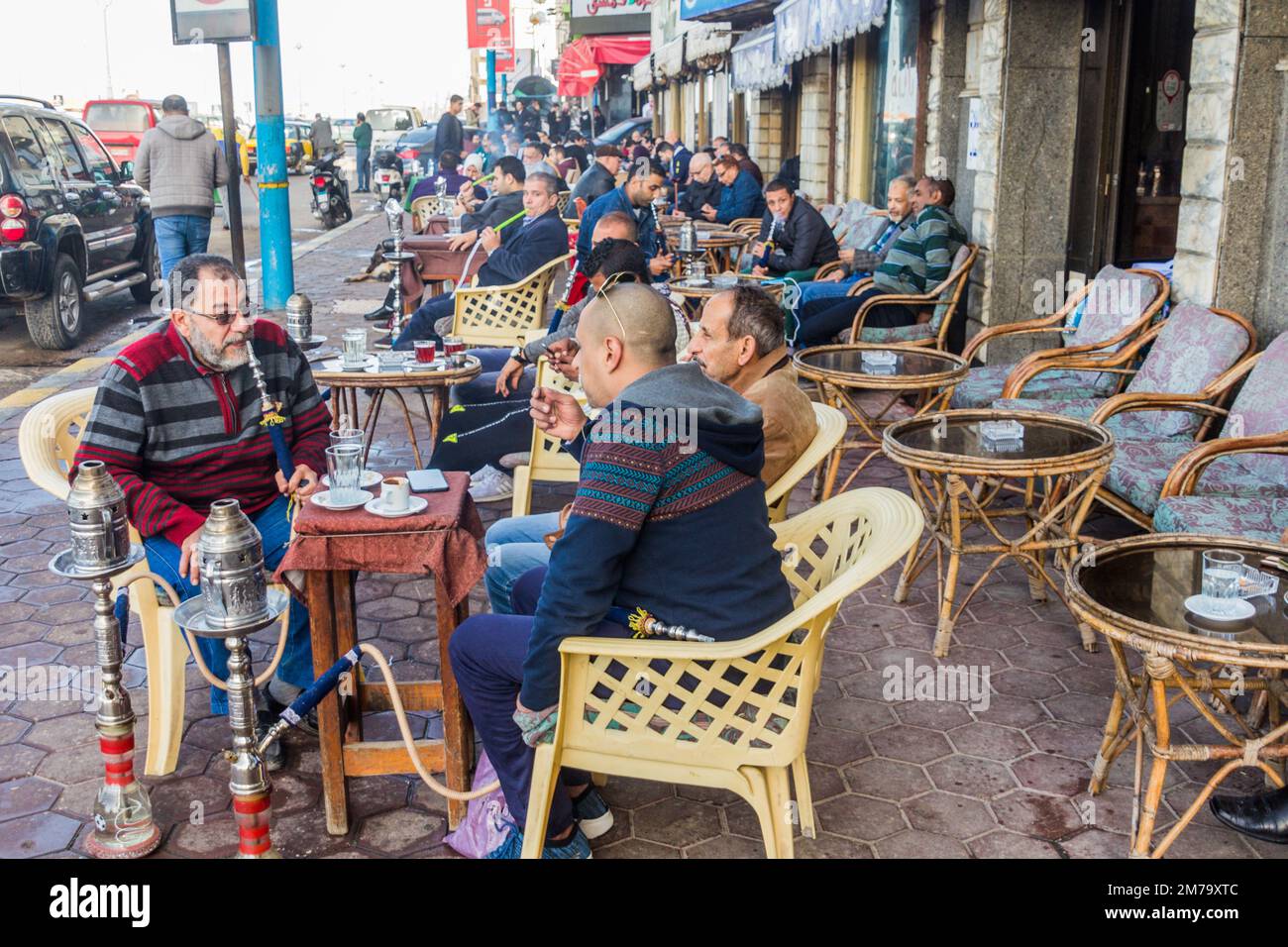 ALEXANDRIA, EGYPT FEBRUARY 1, 2019 People in a traditional street cafe in Alexandria, Egypt