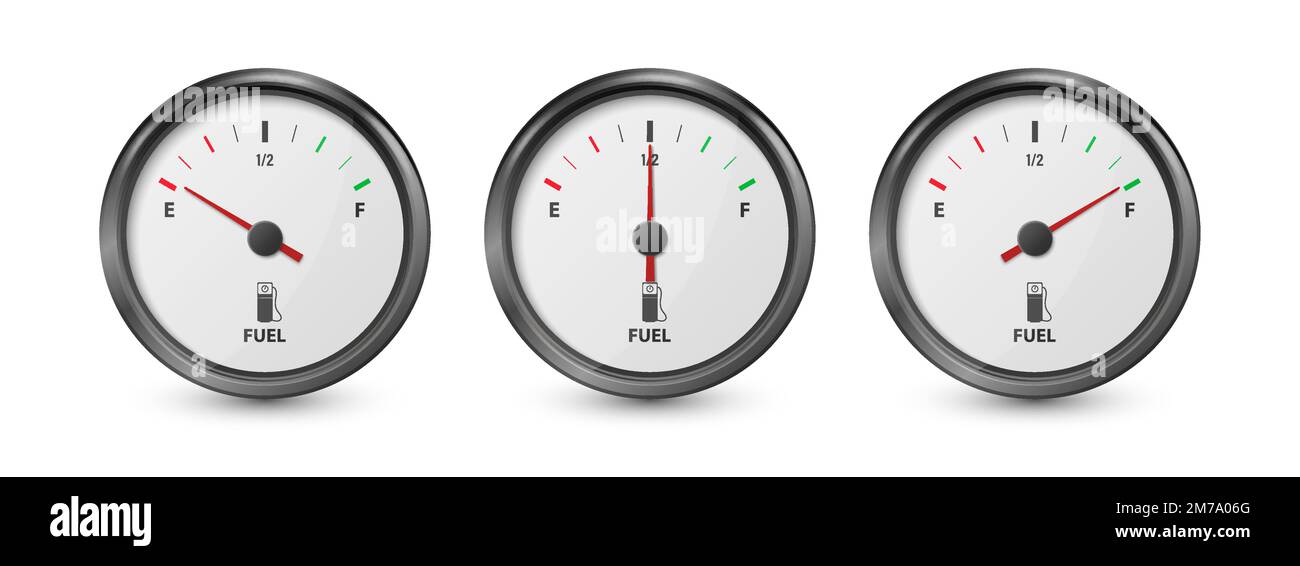 Vector 3d Realistic Black Gas Fuel Tank Gauge, Oil Level Bar Set Isolated. Full and Empty