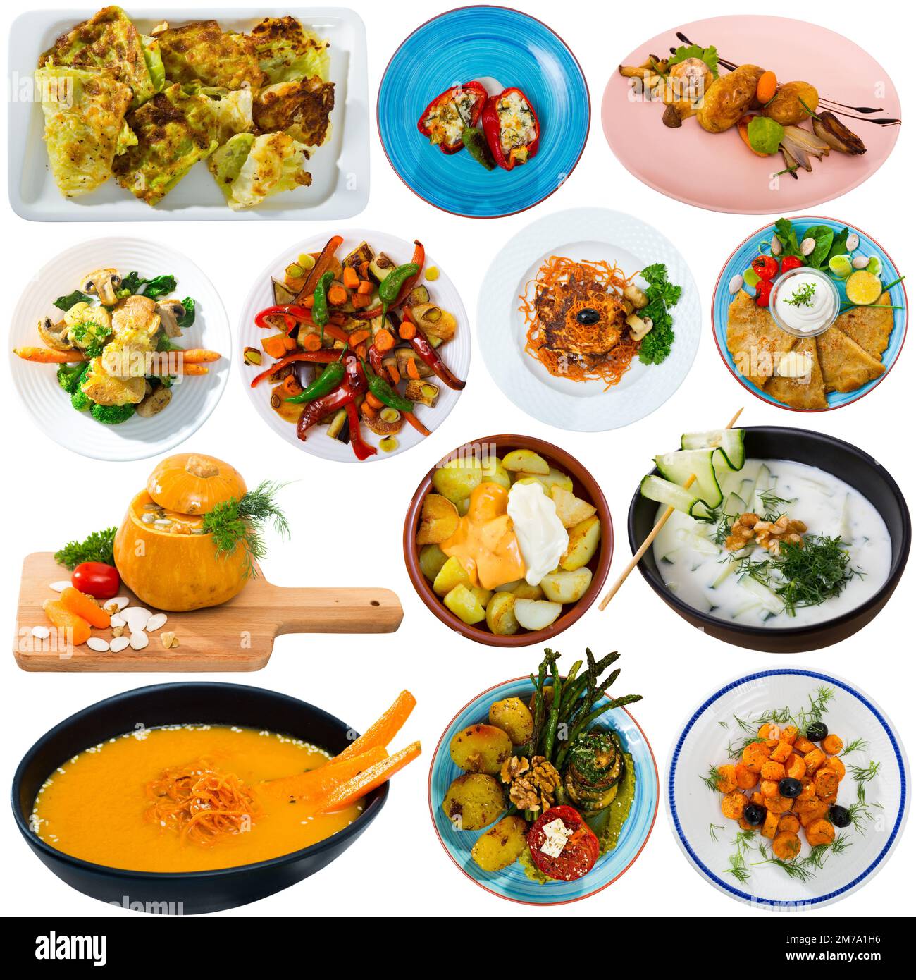 Collage of different types dishes with vegetables isolated on white