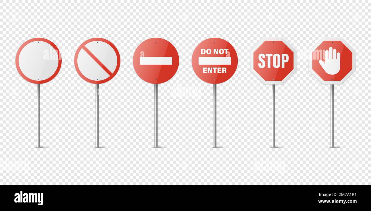 Vector White And Red Glossy Prohibition Stop Signs - Warning, Danger 