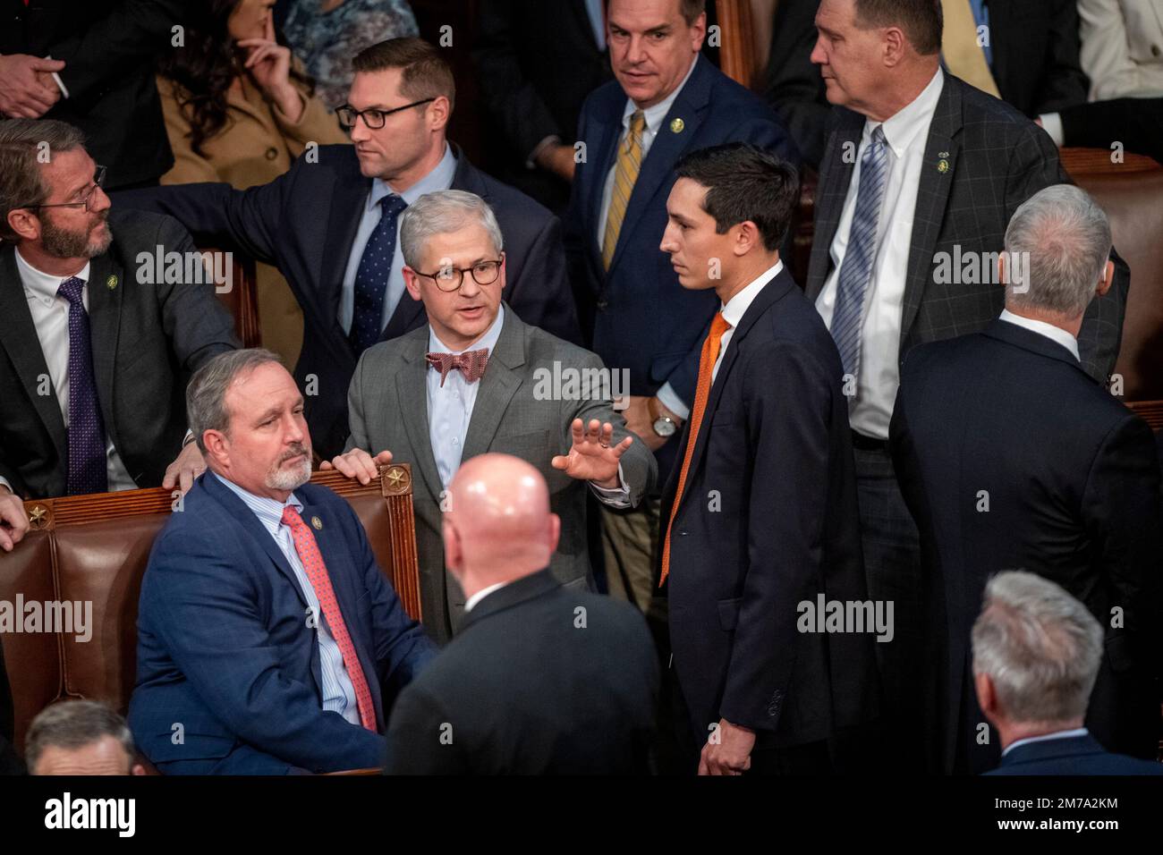 United States Representative Patrick McHenry (Republican of North Carolina) tries to calm down the tension following a verbal confrontation between United States Representative Matt Gaetz (Republican of Florida), who voted 'present, and US House Republican Leader Kevin McCarthy (Republican of California), after Mr. McCarthy failed to get the votes he needed for the Speakership, on the 14th vote attempt, at the US Capitol, in Washington, DC, Saturday, January 7, 2023. Credit: Rod Lamkey/CNP (RESTRICTION: NO New York or New Jersey Newspapers or newspapers within a 75 mile radius of New York C Stock Photo