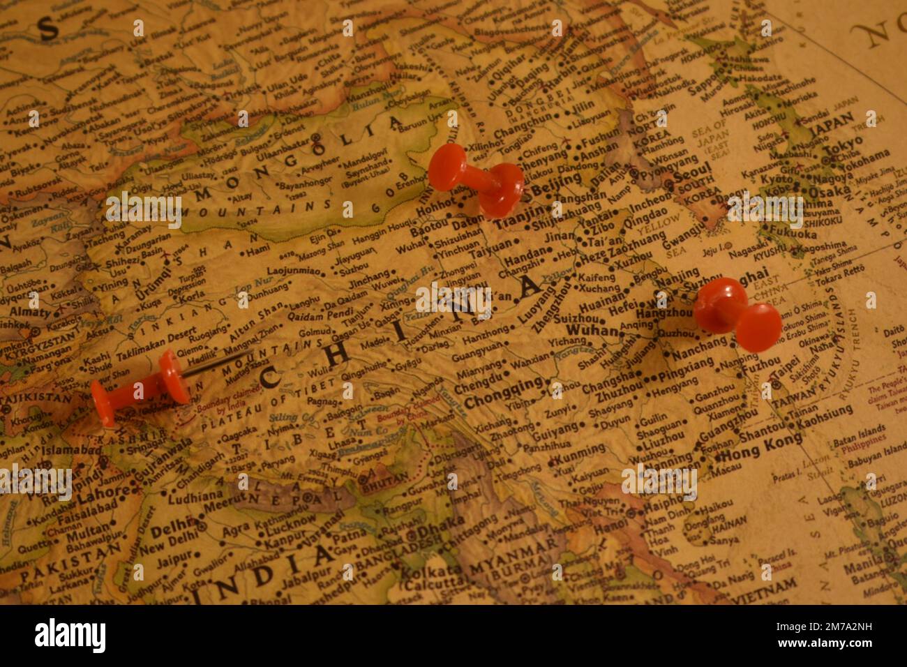 Vintage map of China with a pin on a Beijing and Shanghai Stock Photo