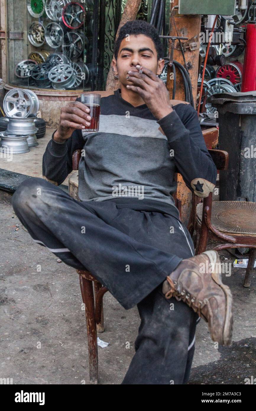 CAIRO, EGYPT JANUARY 29, 2019 Worker of a car spare parts shop in