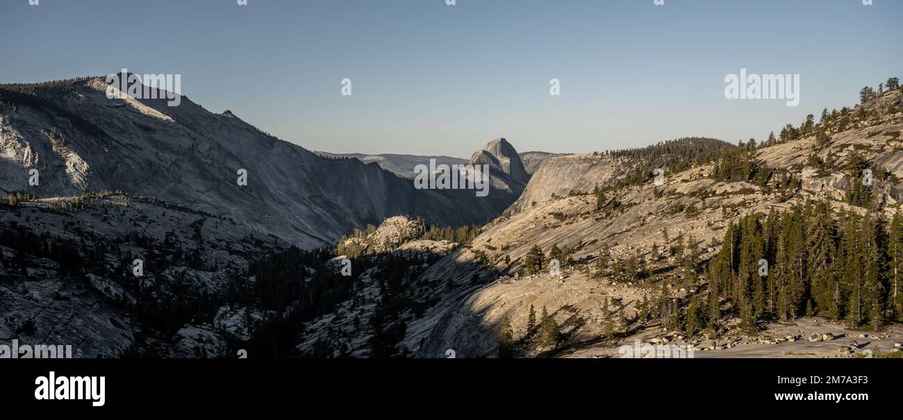Panorama from Olmstead Point with Half Dome in the Center on Quiet Summer Morning Stock Photo