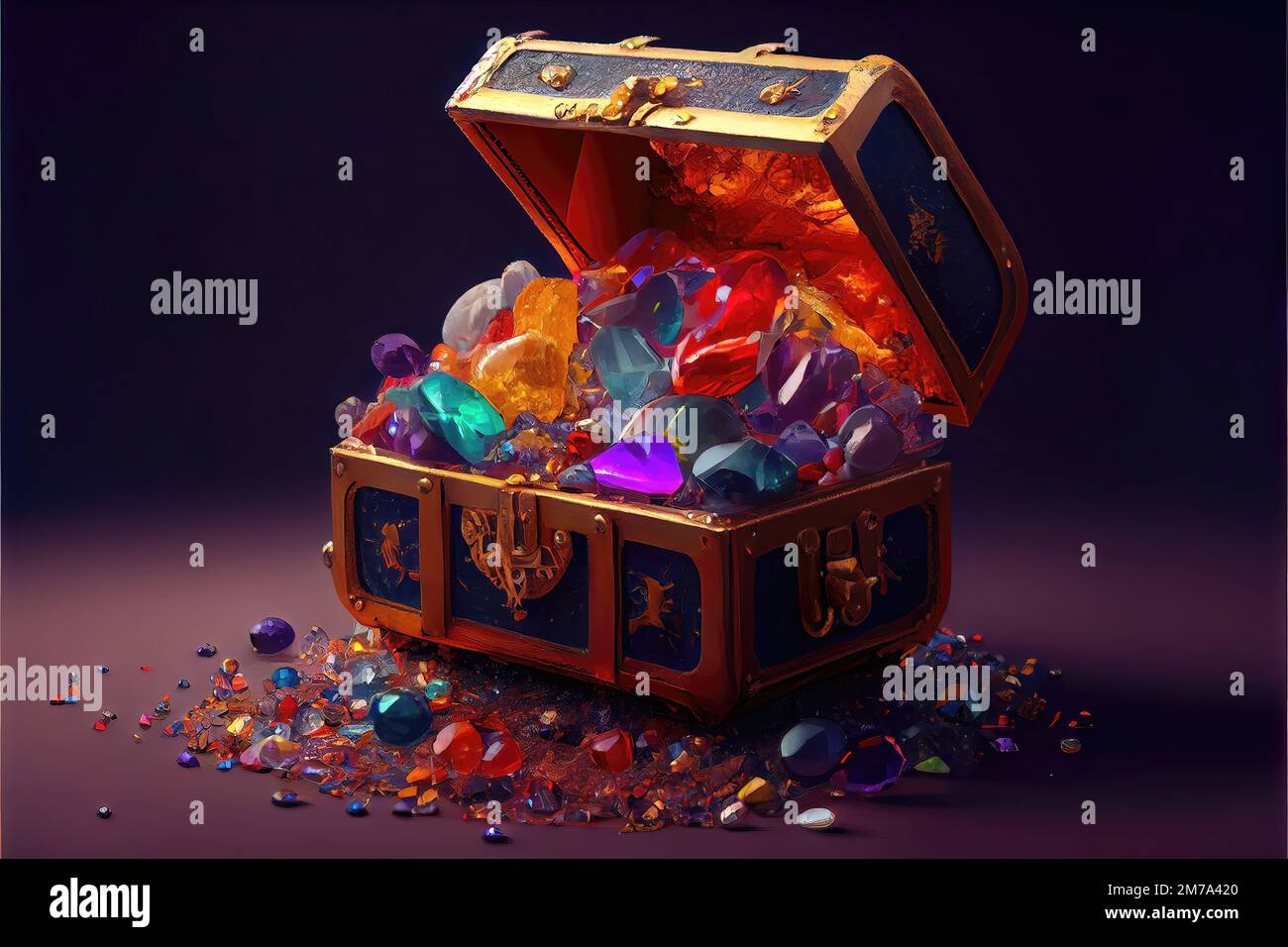 An overflowing treasure chest filled with gems -- antique-looking treasure chest with ornate, intricate details. Overflowing with riches. Generative A Stock Photo
