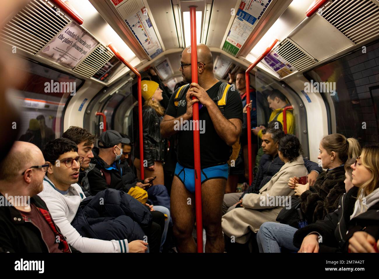 London, UK. 08th Jan, 2023. A participant of the "No Trousers Tube Ride