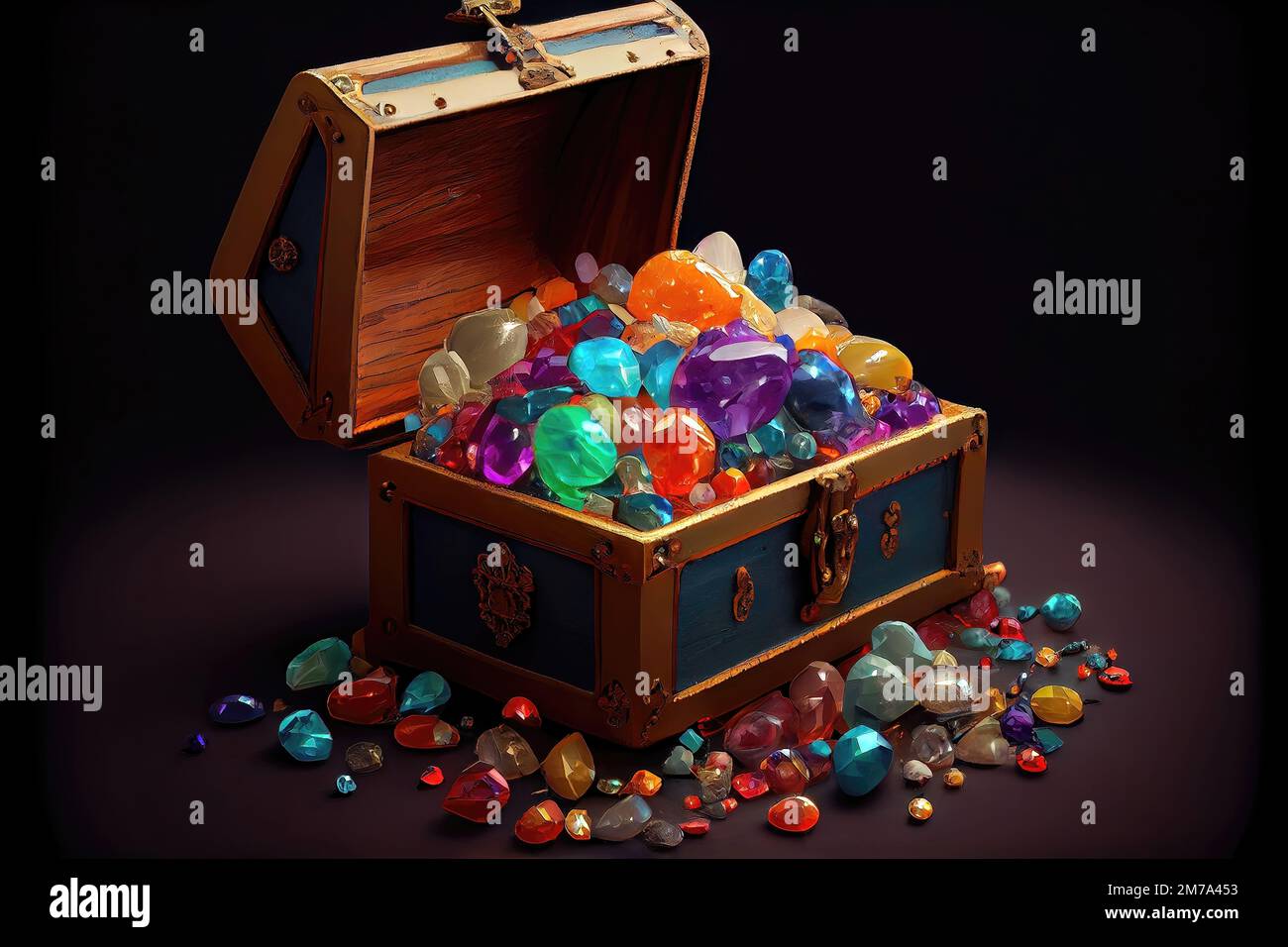An overflowing treasure chest filled with gems -- antique-looking treasure chest with ornate, intricate details. Overflowing with riches. Generative A Stock Photo