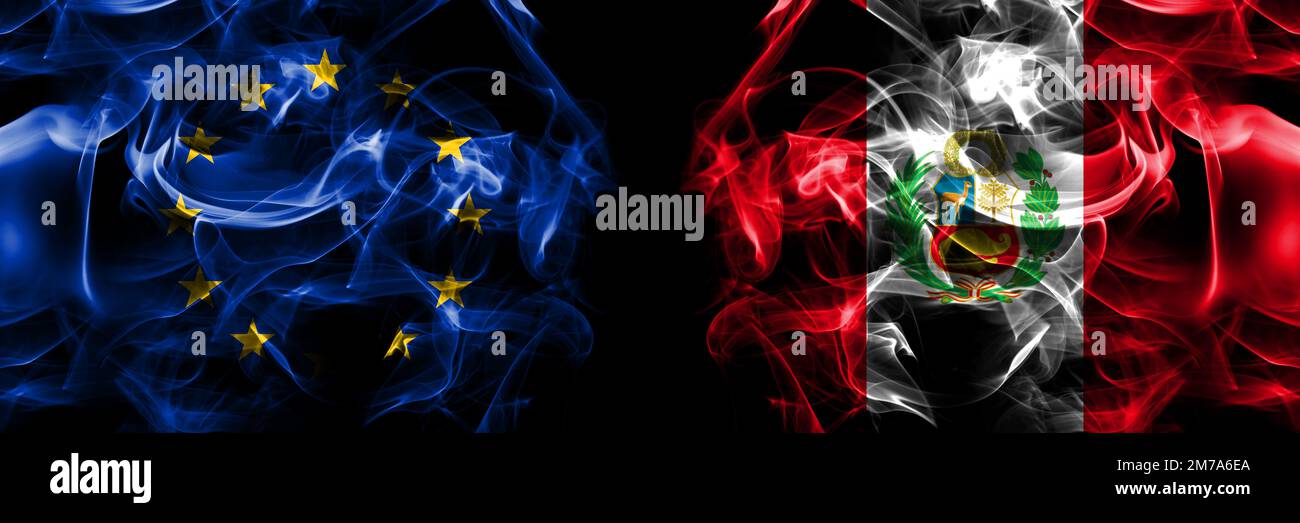 Flags of EU, European Union vs Peru, Peruan. Smoke flag placed side by