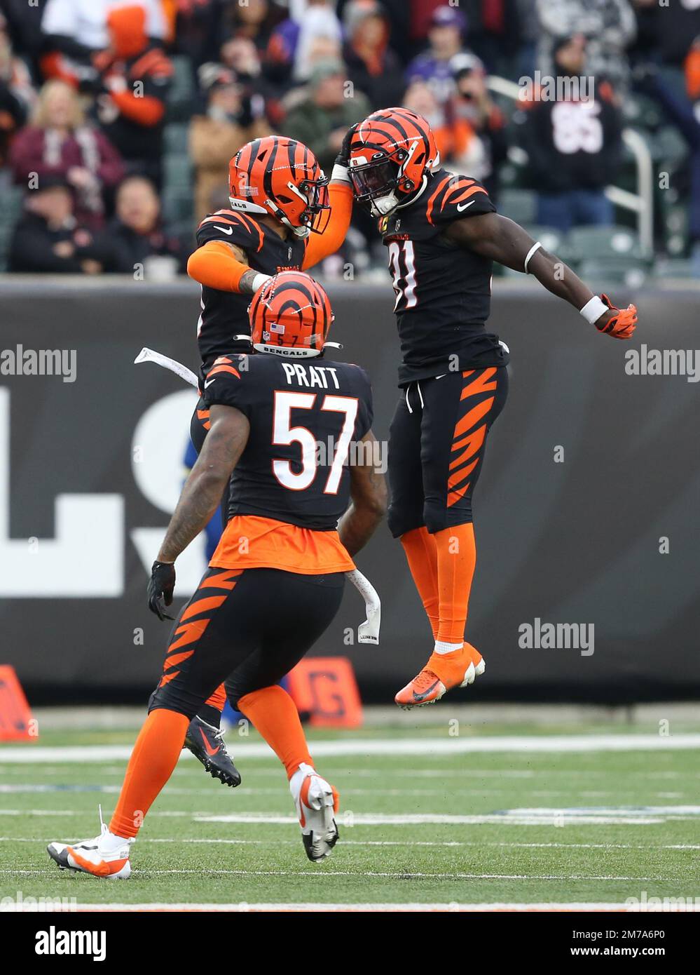 Cincinnati, United States. 08th Jan, 2023. Cincinnati Bengals Jessie Bates (30) and Michael Thomas (31) celebrate after the Bengals recovered a fumble against Baltimore Raven during the second half of play at Paycor Stadium on Sunday, January 8, 2023 in Cincinnati. Ohio Photo by John Sommers II/UPI Credit: UPI/Alamy Live News Stock Photo