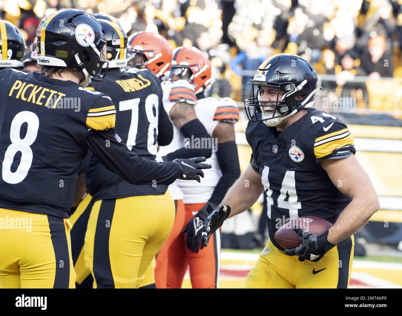 Pittsburgh Steelers fullback Derek Watt (44) and safety Miles Killebrew  (28) walk off the field after an NFL football game against the Atlanta  Falcons, Sunday, Dec. 4, 2022, in Atlanta. The Pittsburgh