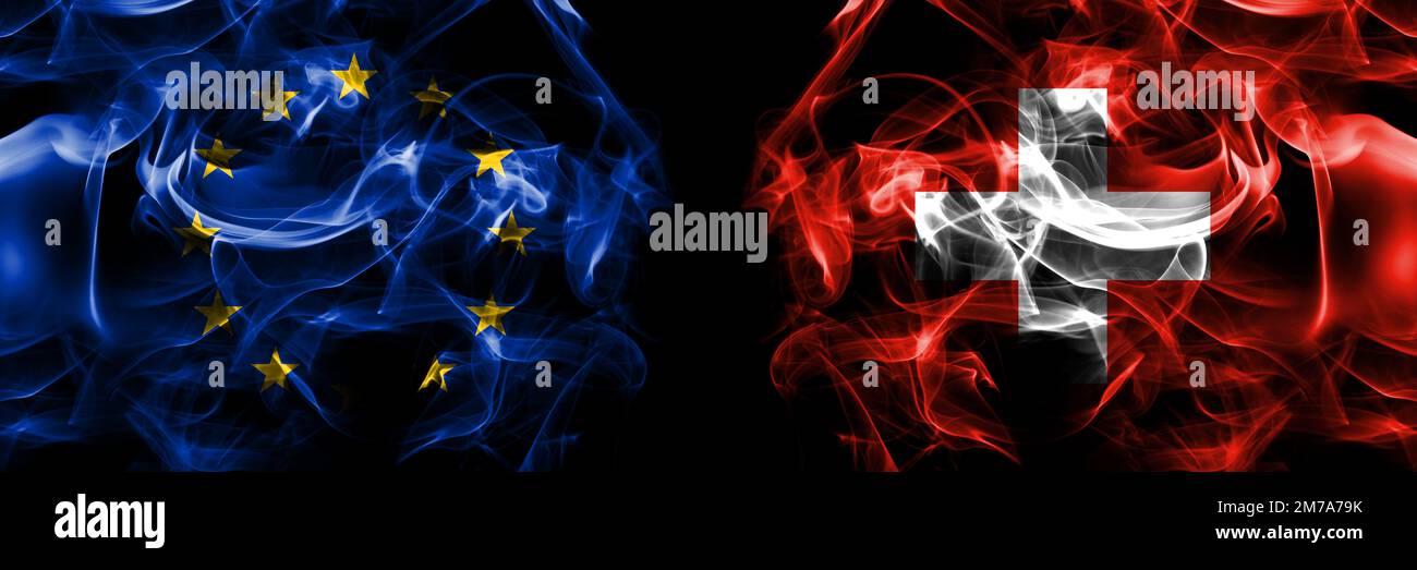 Flags of EU, European Union vs Switzerland, Swiss. Smoke flag placed