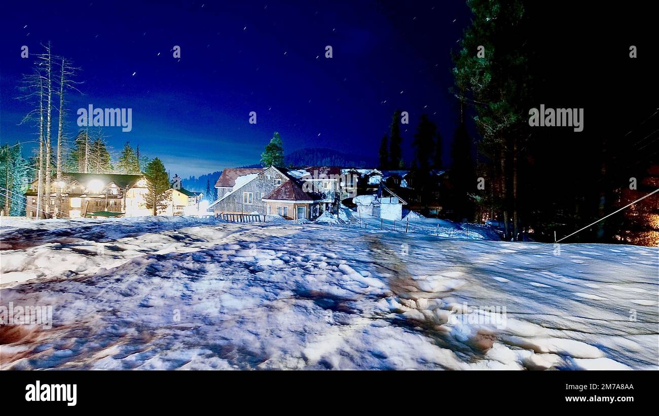 A beautiful view of the town of Gulmarg in Kashmir, India with houses