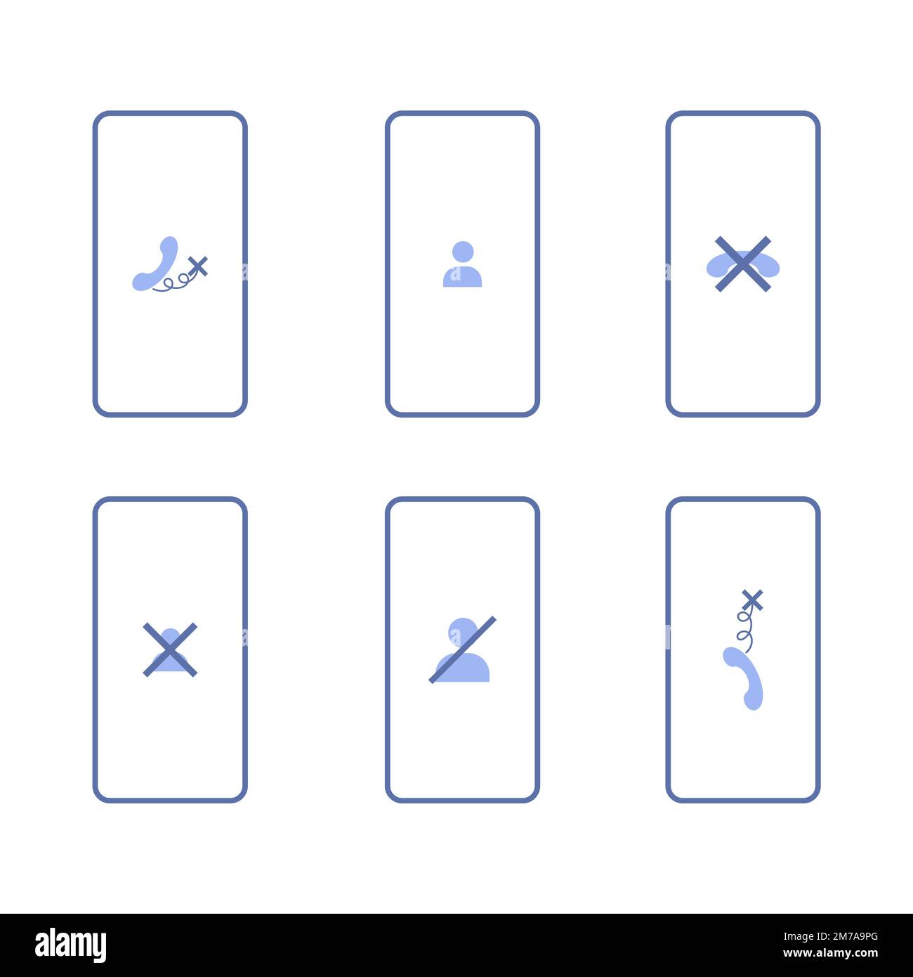 No signal or lost connection. Set of illustrations with different icons on a phone Stock Vector
