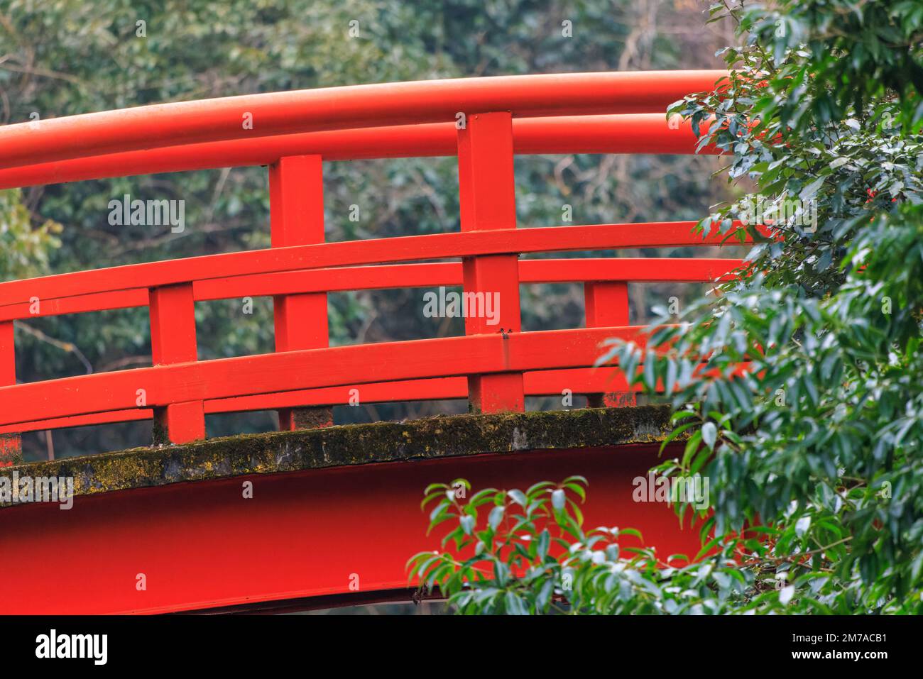 Closeup view of red railing on arched bridge in forest Stock Photo - Alamy