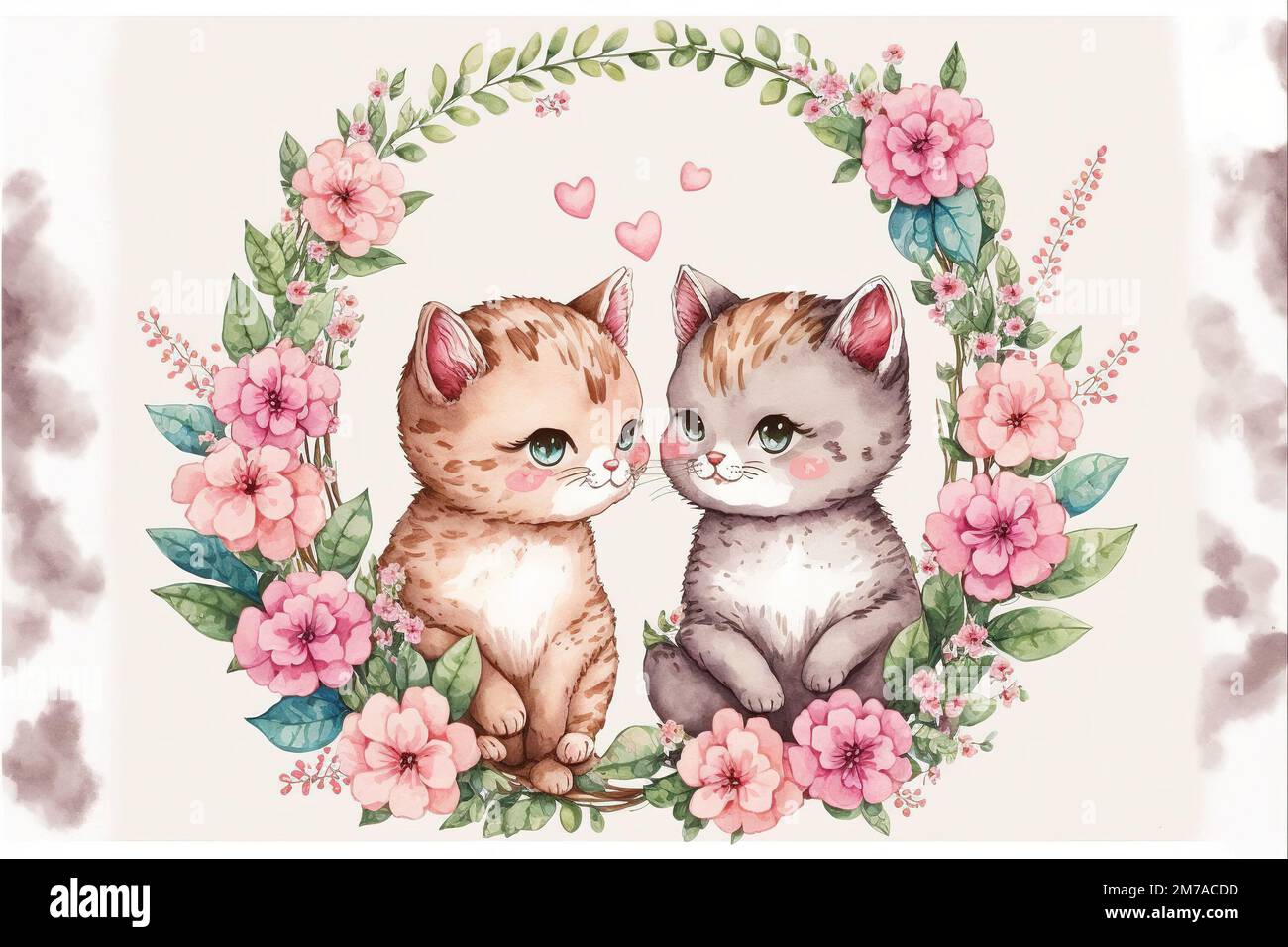 Cute little kitten in love on romantic Valentine's day hand drawn cartoon  style. Generative AI Stock Photo - Alamy