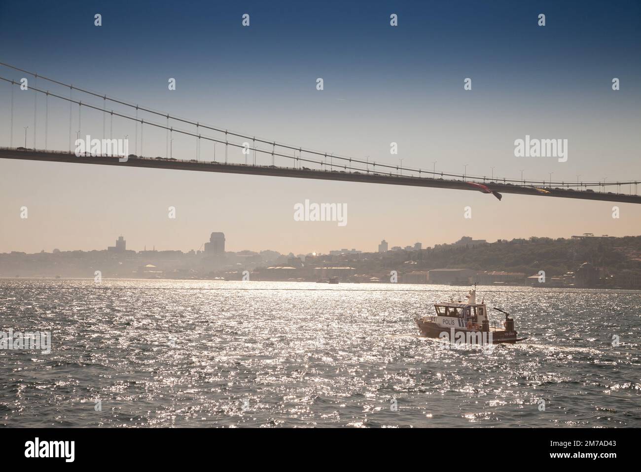 Picture of police boat from the  Police of Turkey patrolling on the marmara sea, on the bosphorus straight in Istanbul, Turkey. The Turkish Police For Stock Photo
