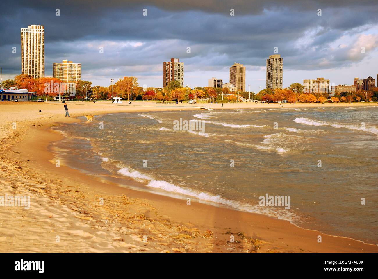 Rough surf from the high winds off of Lake Michigan at North Avenue Beach, Chicago on a chilly