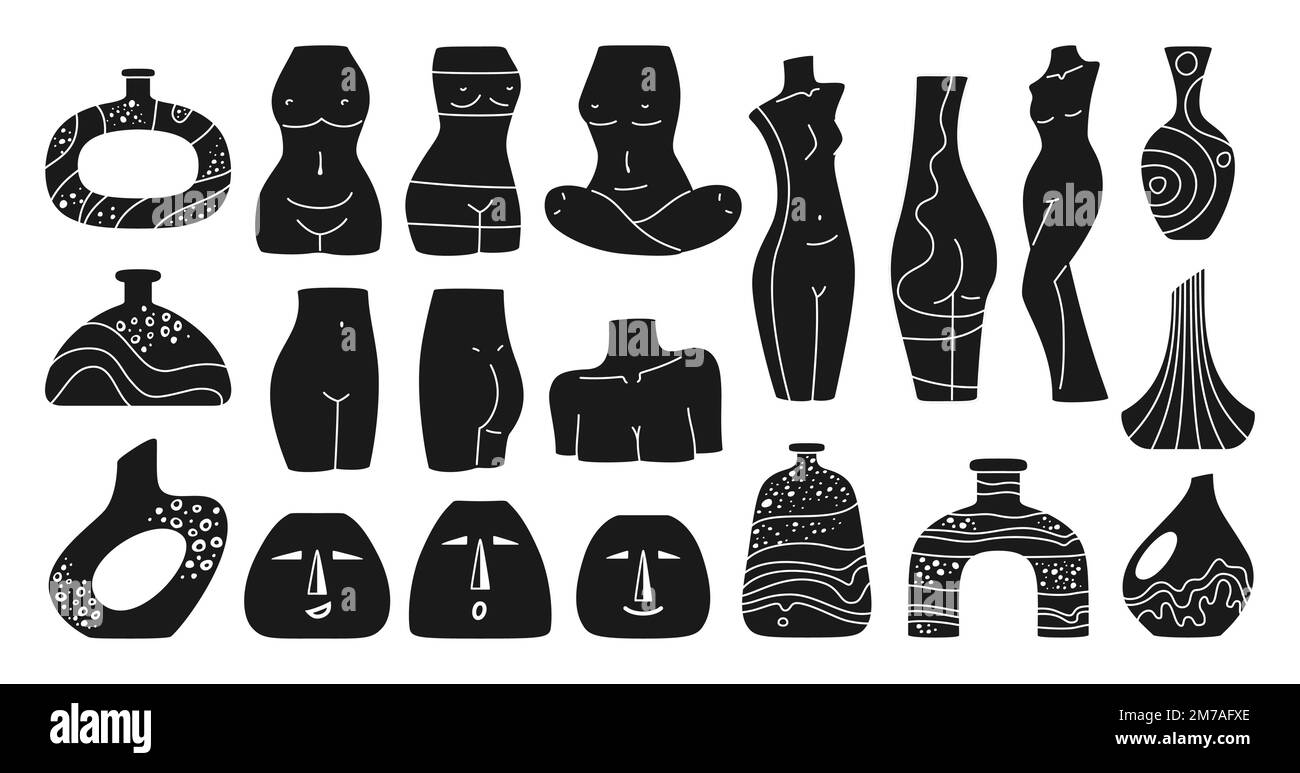 Vase female shape engraving modern set. Woman body form sculpture press stamp doodle vases. Boho elegant pitcher, simple printing ceramic jug. Figures woman bodies, bust vessel hand drawn vector Stock Vector