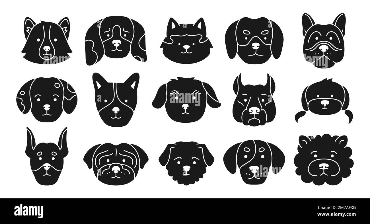Dog faces emotion character stamp press set. Cute puppy kawaii head muzzle print icon. Smiling funny childish doggy pet baby paint seal. Illustration comic template for kid print template card, cover Stock Vector