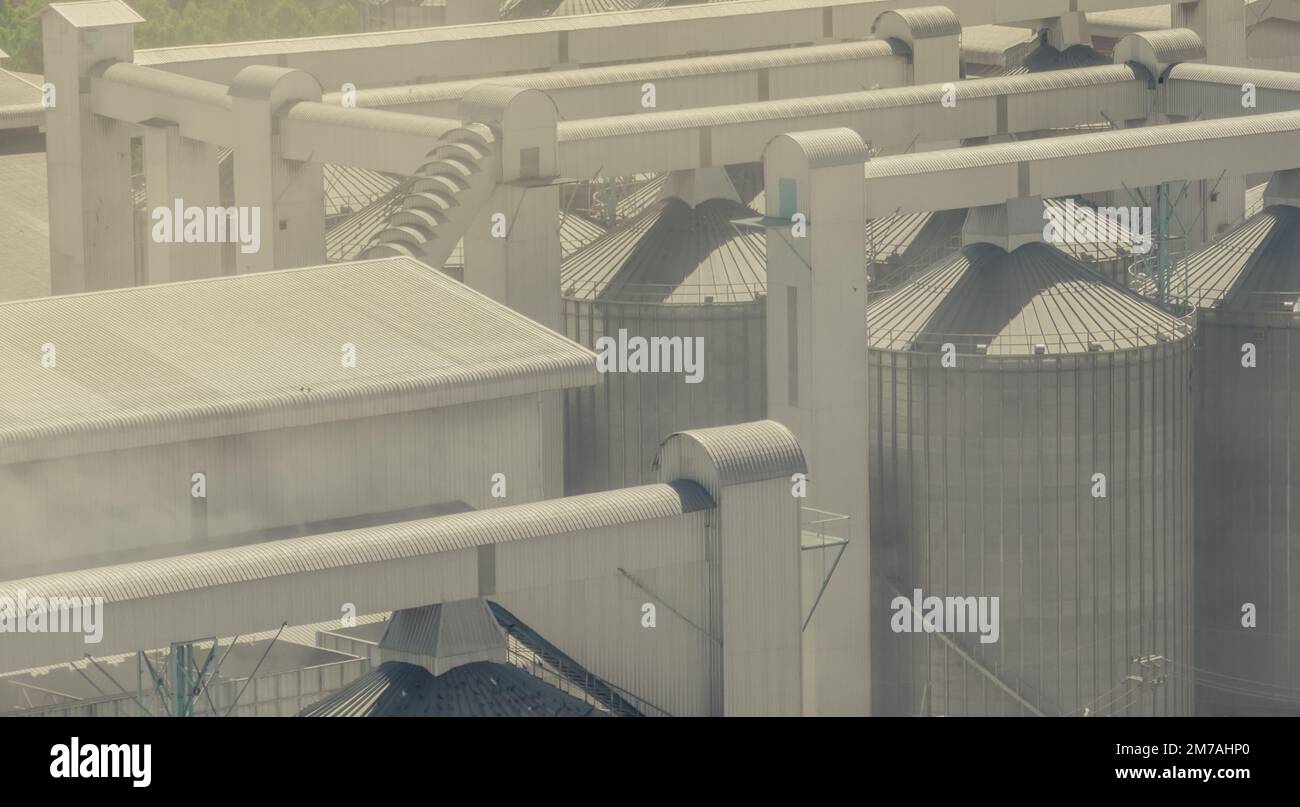 Animal feed factory. Agricultural silo at feed mill factory. Tank for