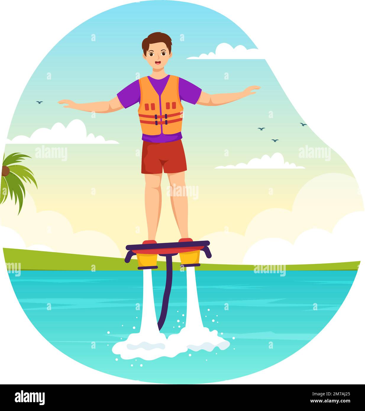 Flyboard Illustration with People Riding Jet Pack in Summer Beach