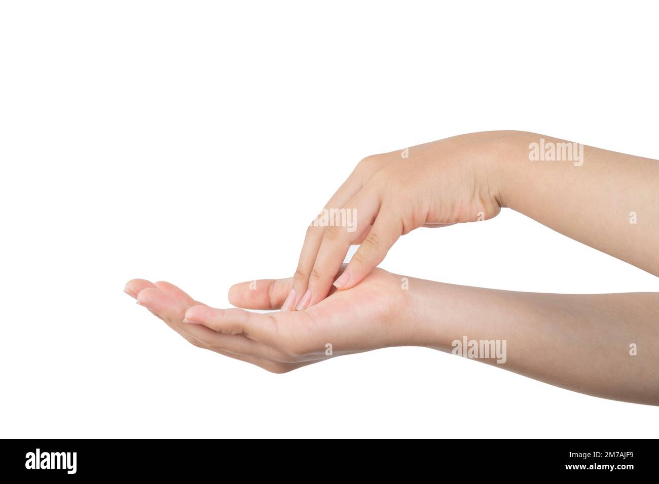 Woman's hands touching each other, with white background Stock Photo ...
