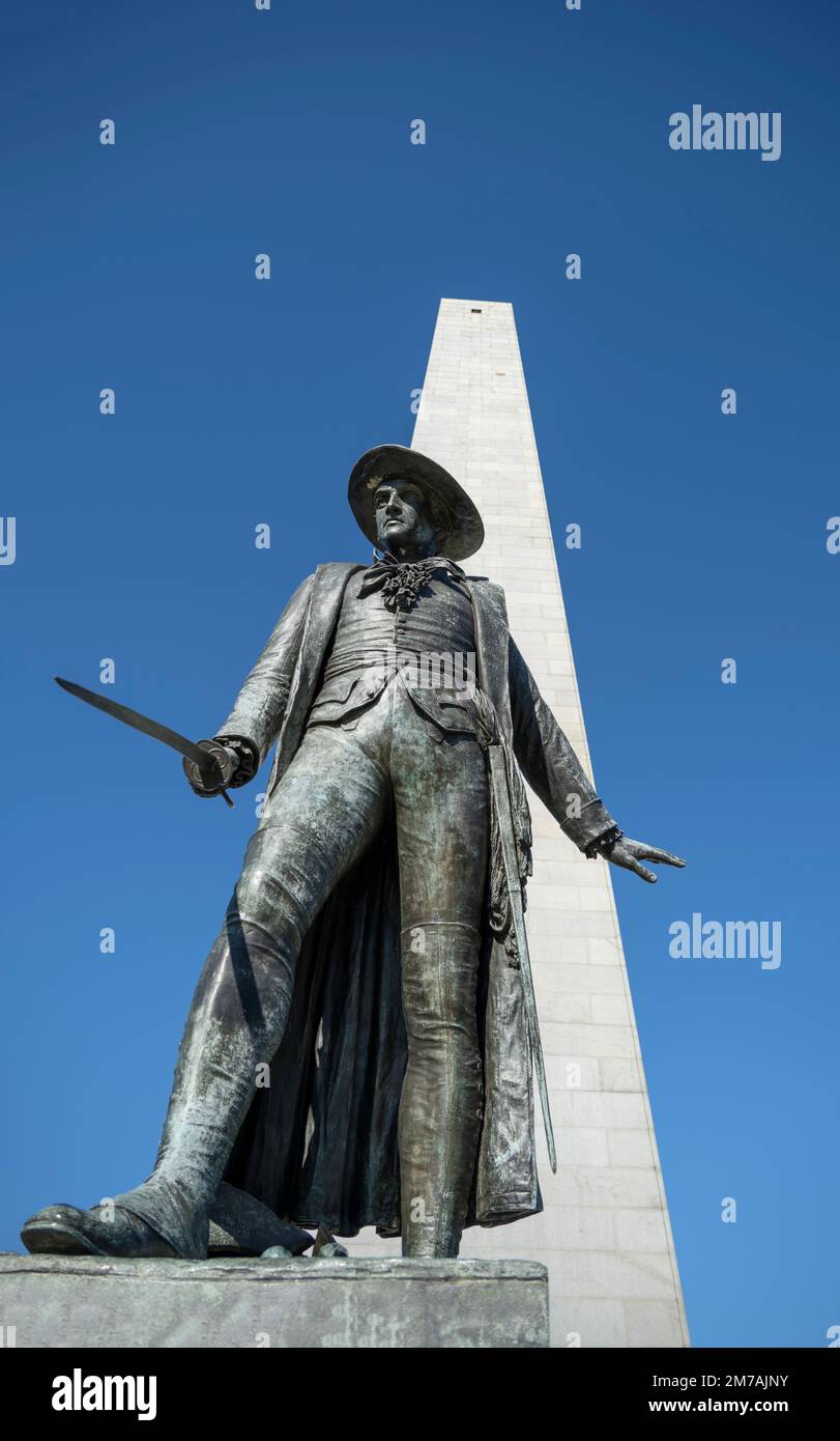 statue of William Prescott at the Bunker Hill Monument, American colonel at the Battle of Bunker Hill known for the order, 'Do not fire until you see Stock Photo